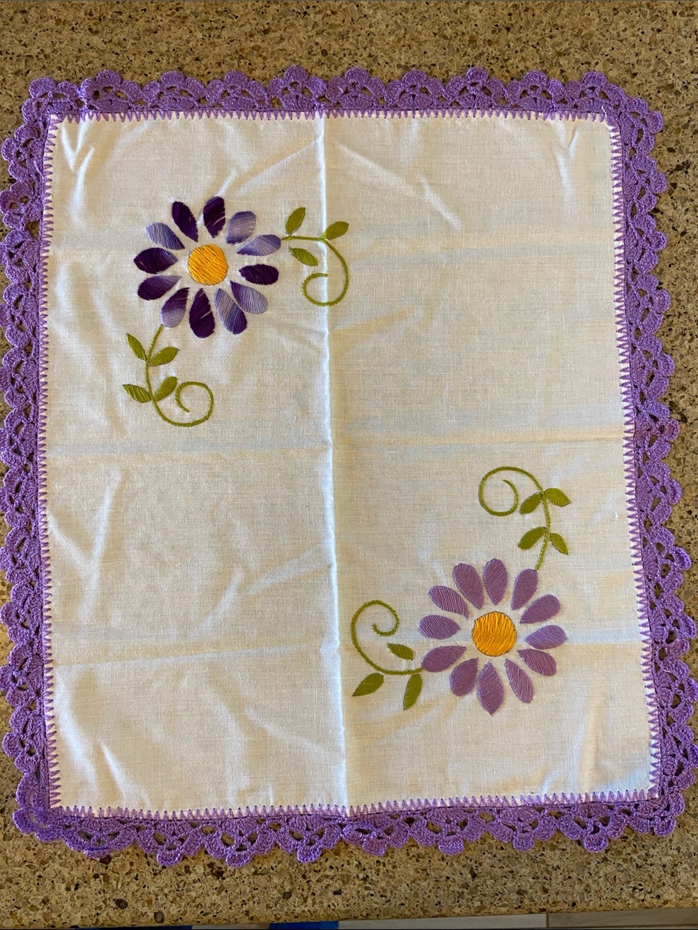 White Doily with Purple Crochet Edge and Floral Embroidery